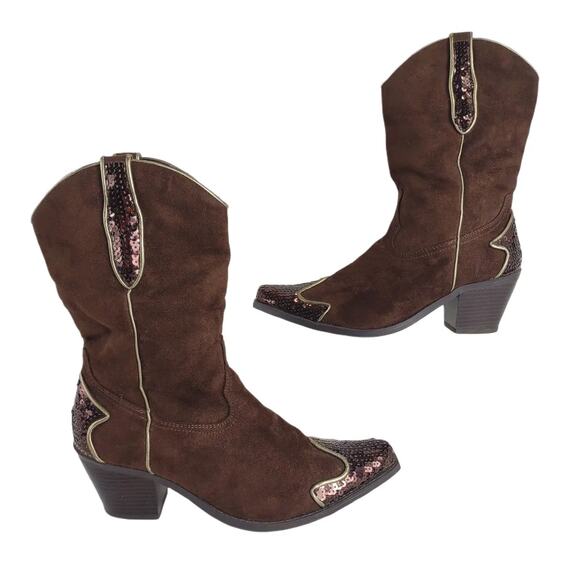 Splash Women's 6 Brown Suede Sequin Tip Western Boots Pointed Toe Cowgirl Cowboy - Picture 1 of 10